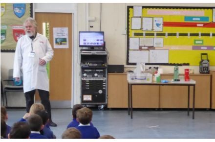40 Science Workshop. Man in white labcoat presenting to pupils.