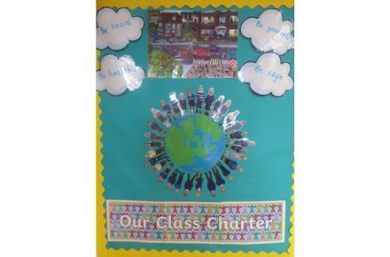 RRSA Class Charter Displays. Collage of class around earth and clouds on a blue background.
