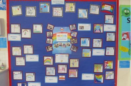 Stamp Competition Display. Poster with blue background.