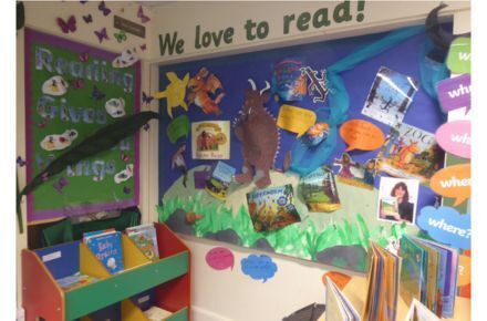 YR reading corner. Poster showing books and artwork.