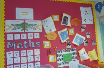 Y1 Maths display. Red and yellow poster.