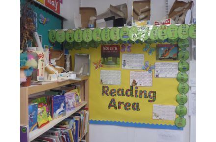 Y2 Reading Corner. Area showing books and yellow poster.