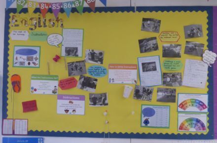 Y2 English working wall on instructions. Yellow poster.