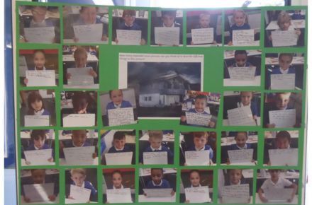 Y2 Sentence construction. Green poster with student photos.