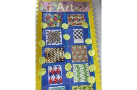 Y4 Art. Yellow and blue poster showing prints and graphics.