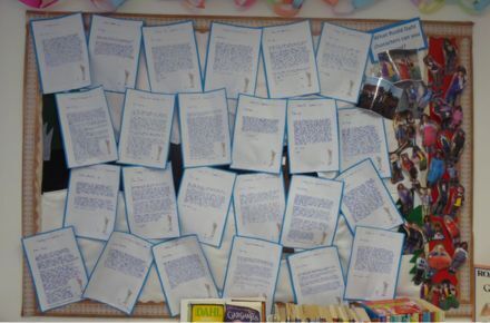 Y5 English Creative Writing. Noticeboard with Roald Dahl character choices.