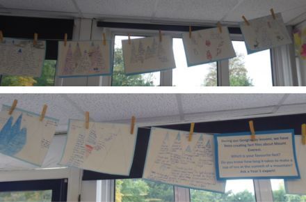 Y5 Geography. Facts about Mount Everest hung up.