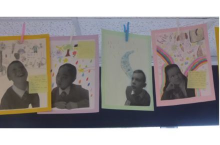 Y5 Art linked to PSHE . Hanging posters.