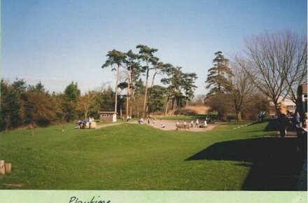 Field and infant Playground 1994. Field with large trees and blue sky.