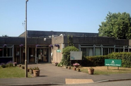 Front of school 2007. Front of Audley School showing entrance and school sign.