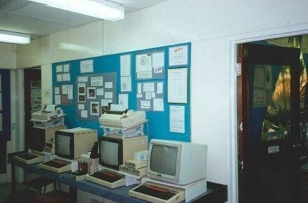 KS2 corridor 1994. BBC computers and monitors.