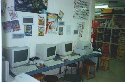 KS2 corridor 1994. Corridor with computer monitors and posters on wall.