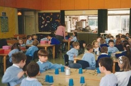 School dinner hall 1994. Pupils in dining hall.