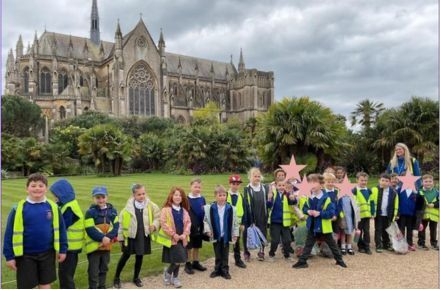 10 Y1 Arundel Casle trip. Pupil group in front of castle.