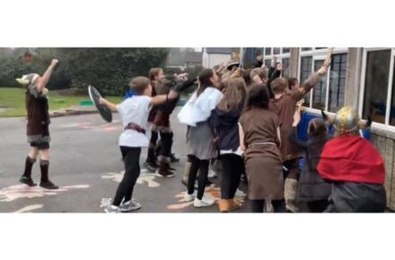 19 Y5 Vikings Day. Pupils in playground in period dress.