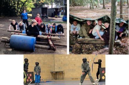 29 Y6 Marchants Hill residential trip. Various images of activities, including rafting, tent building and archery.