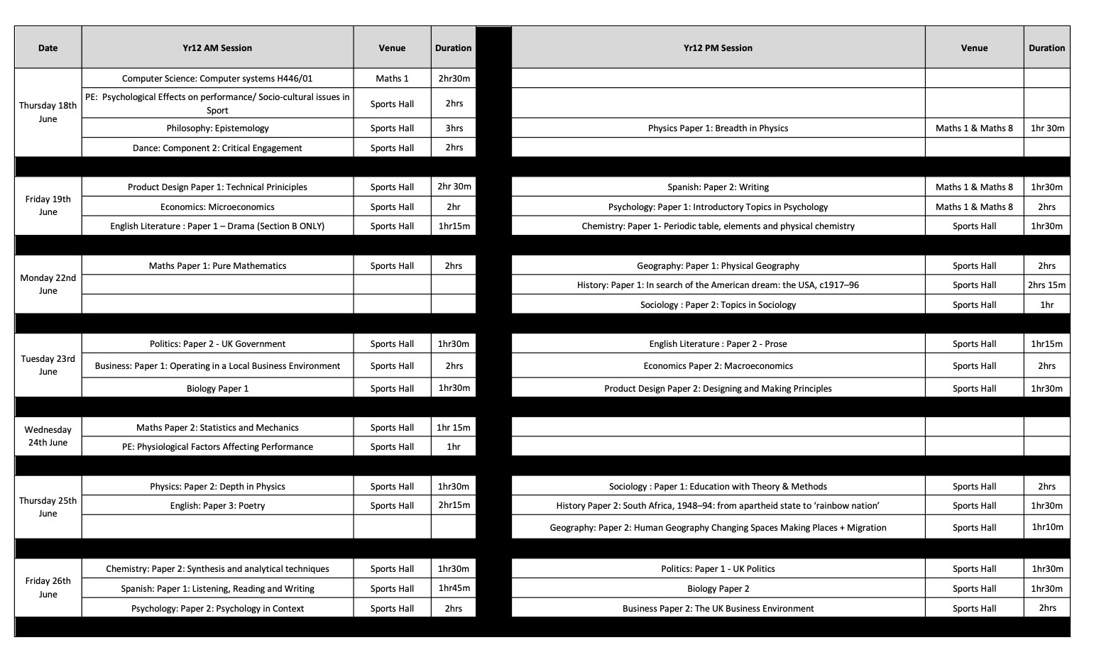 Y12 EOY Assessments Timetable 2026