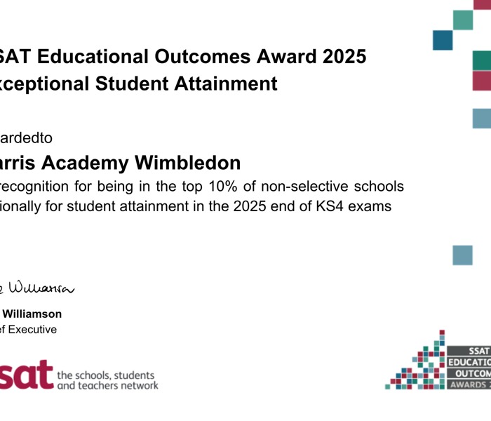 Harris Academy Wimbledon Achieves National Recognition for Outstanding Performance Image