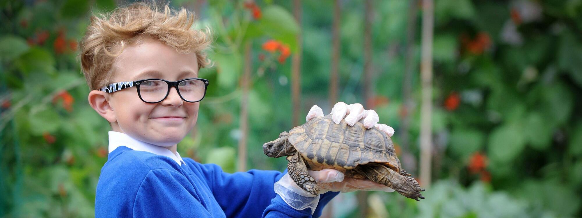 Timberley academy pupil with tortoise